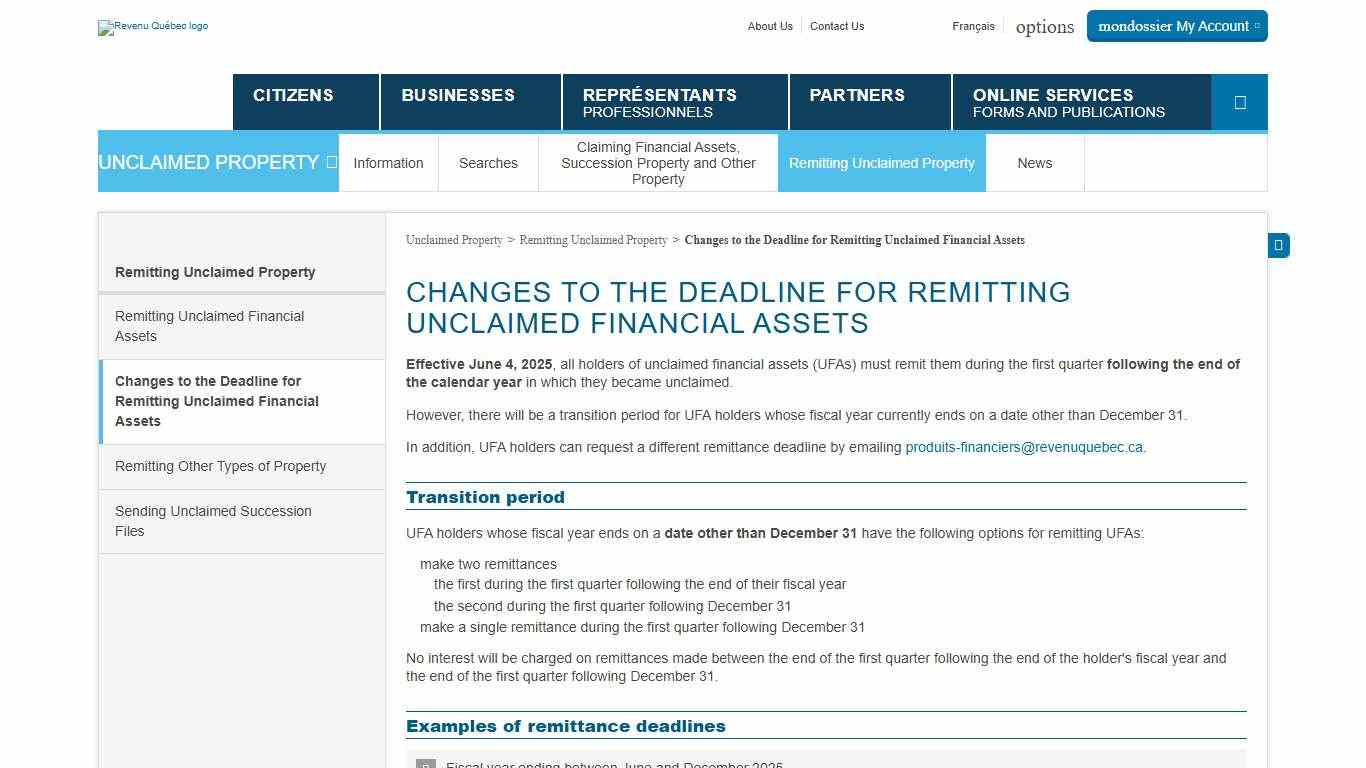Changes to the Deadline for Remitting Unclaimed Financial Assets Revenu Québec